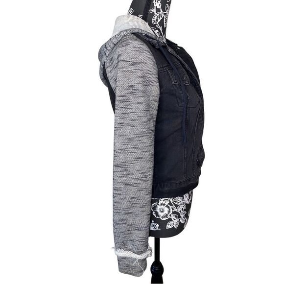 Mudd Black Denim Colorblock Hooded Jean Jacket Distressed Sweater Sleeve Grunge - Picture 4 of 15